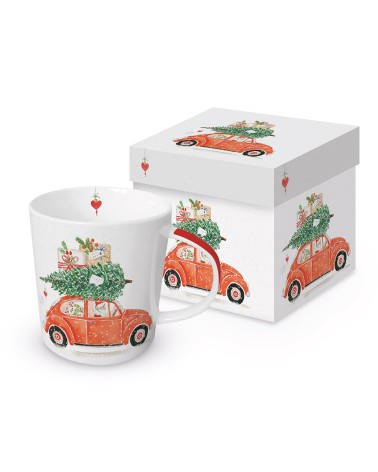 Mug voiture coccinelle avec sapin de Noël en porcelaine avec boite en carton assortie