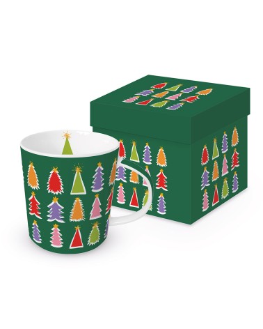 Mug vert avec sapin de Noël en porcelaine avec boite en carton assortie