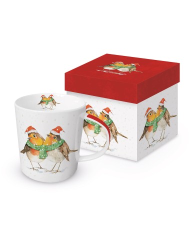 Mug rouge-gorge avec écharpe en porcelaine avec boite en carton assortie