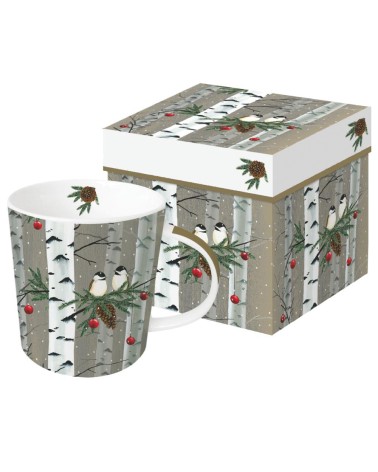 Mug oiseaux sur arbre bouleau en porcelaine avec boite en carton assortie